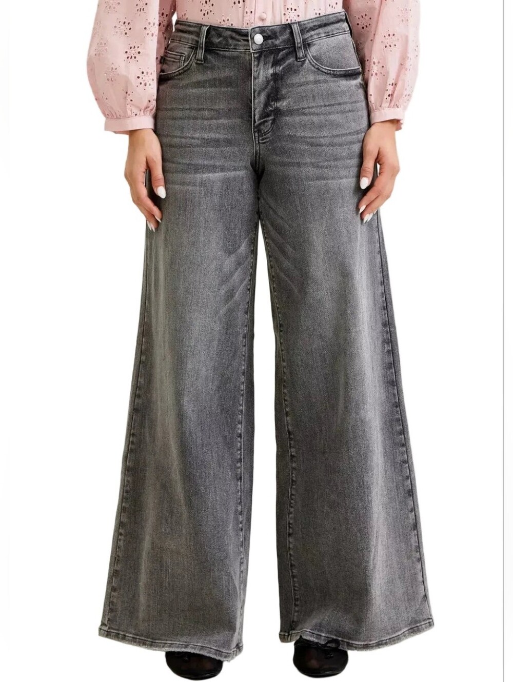 Judy Blue Mid-Rise Waist Palazzo Ultra Wide Leg Split Yoke Denim Jeans Pants - Picture 13 of 15